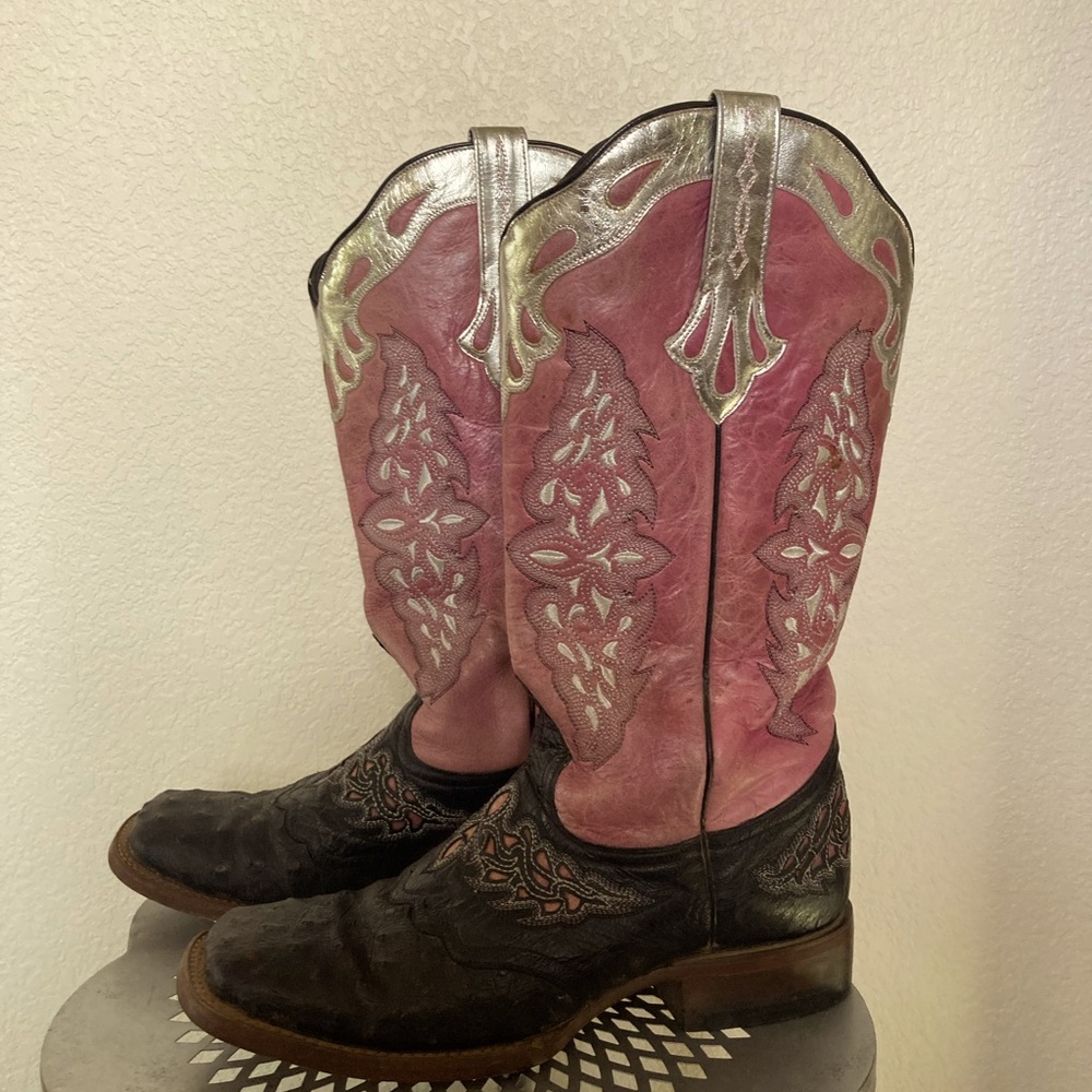 Lucchese Ostrich western black/pink inlaid cowboy boots 10B